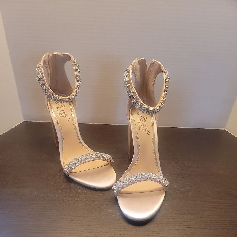 Jewel Badgley Mischka Mayra Ankle Strap sparkle Sandals Beige S6 Wedding or Prom